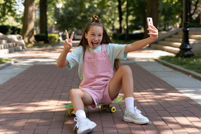 Girl sitting on skateboard in park taking selfie with peace sign