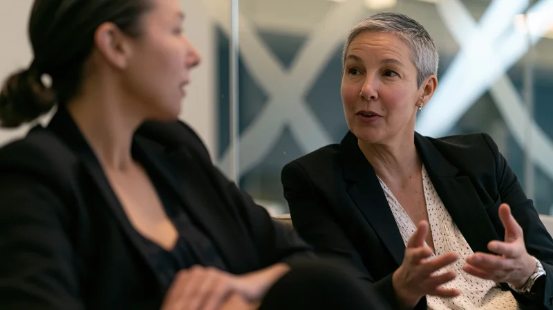 Two professional women in conversation in a modern office setting