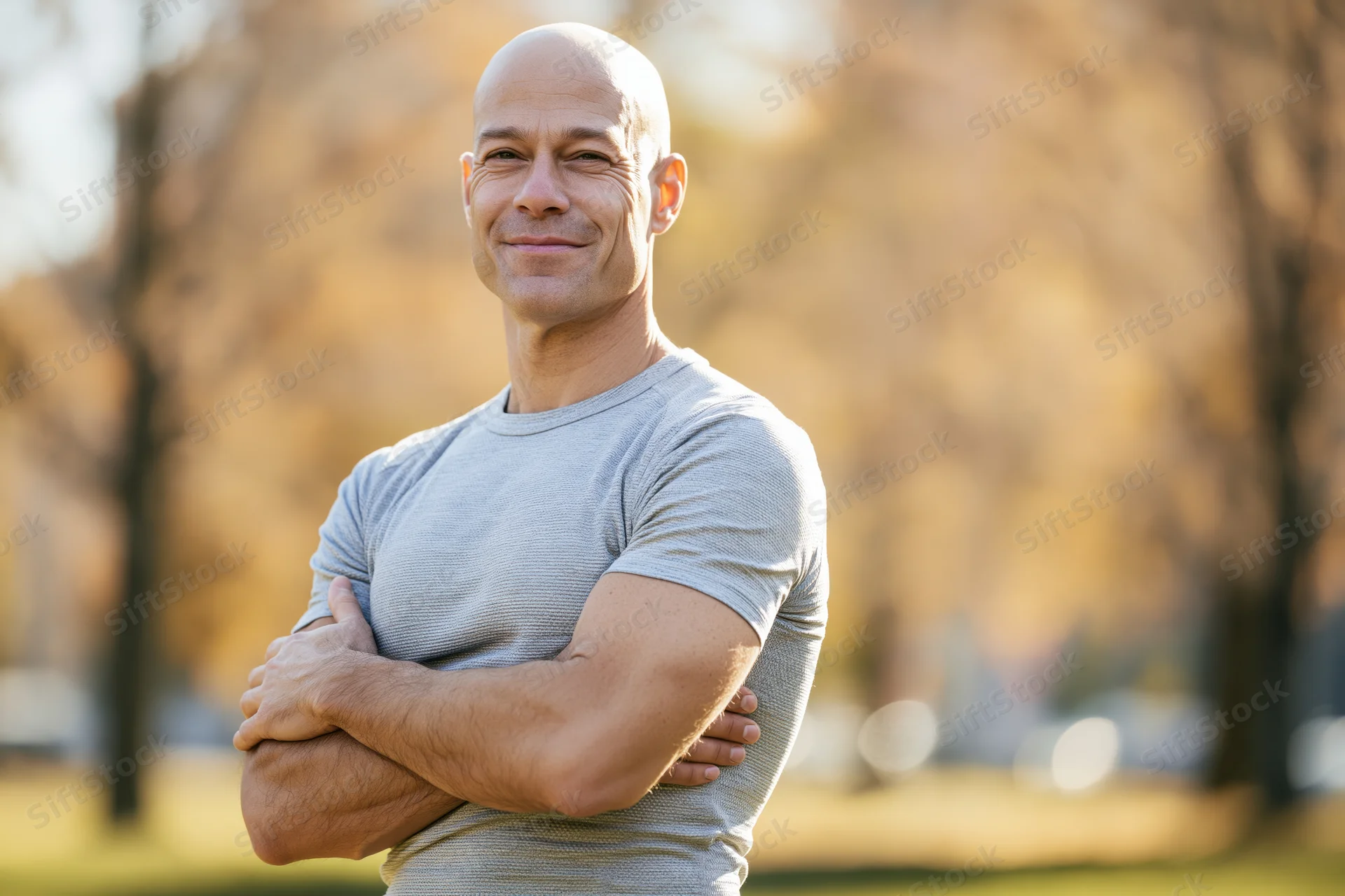 Bald man smiling with arms crossed in a park during autumn