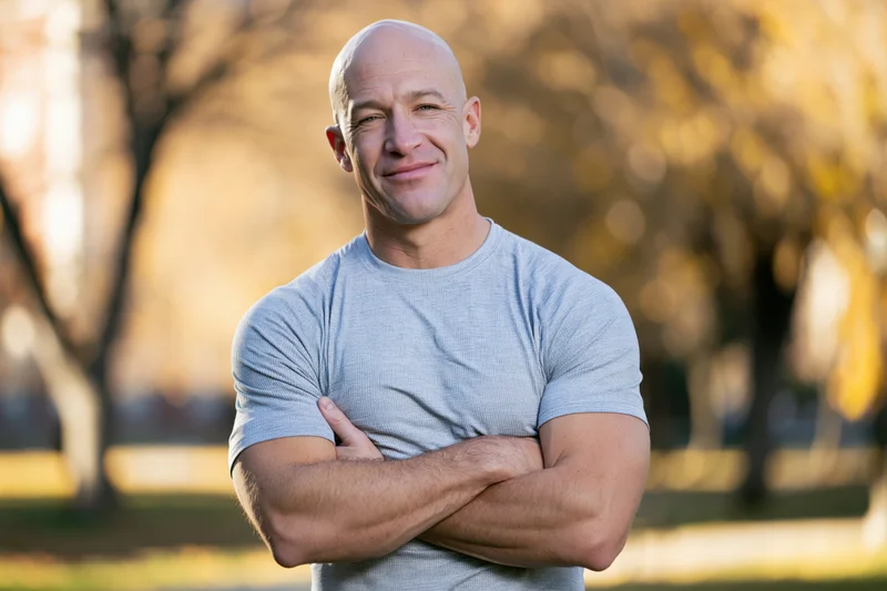 Bald man smiling with arms crossed in a park during autumn golden hour