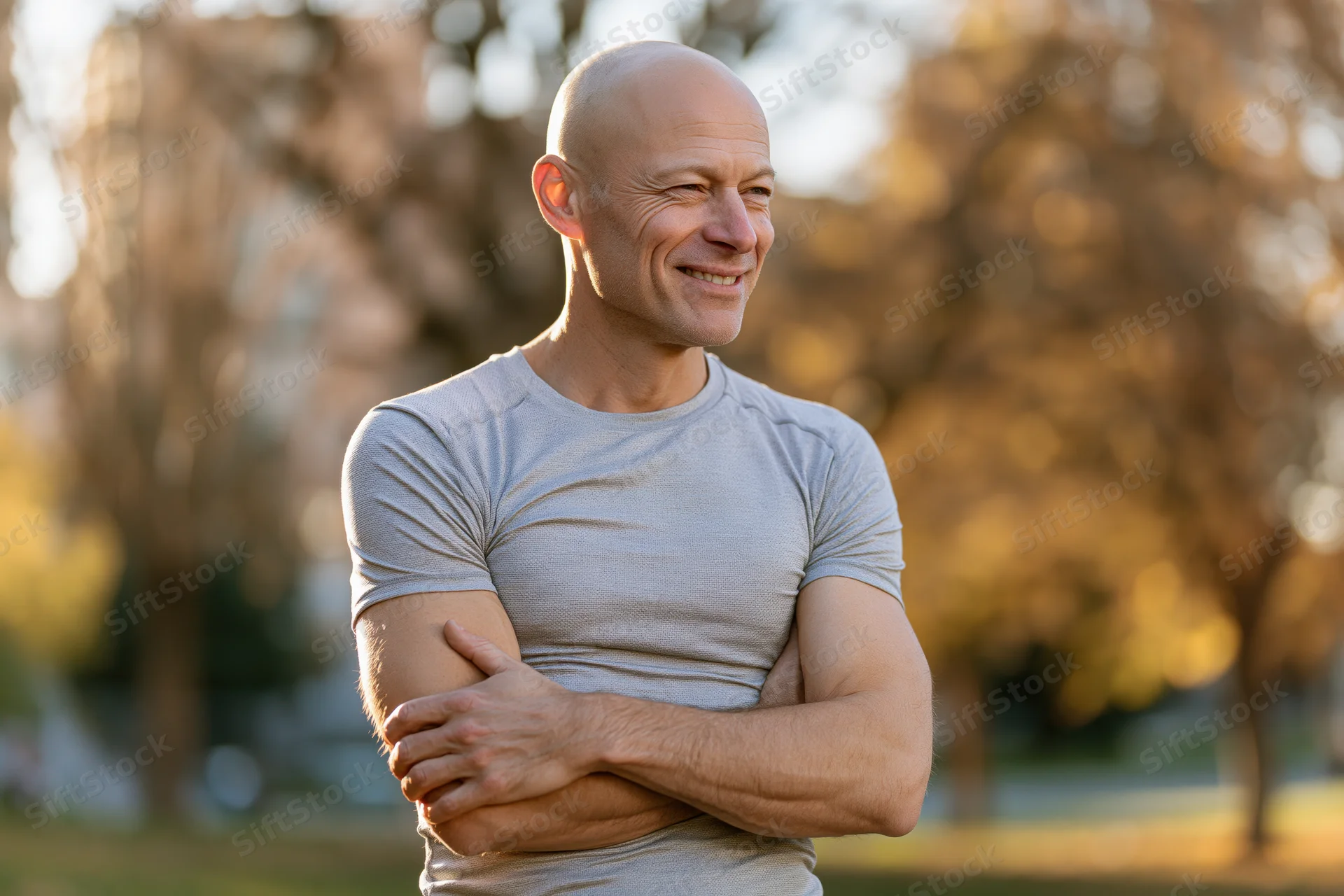 Bald man smiling with arms crossed in a park during golden hour