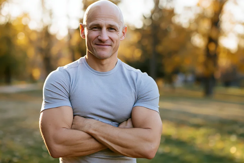 Bald man smiling with arms crossed in a park during autumn golden hour