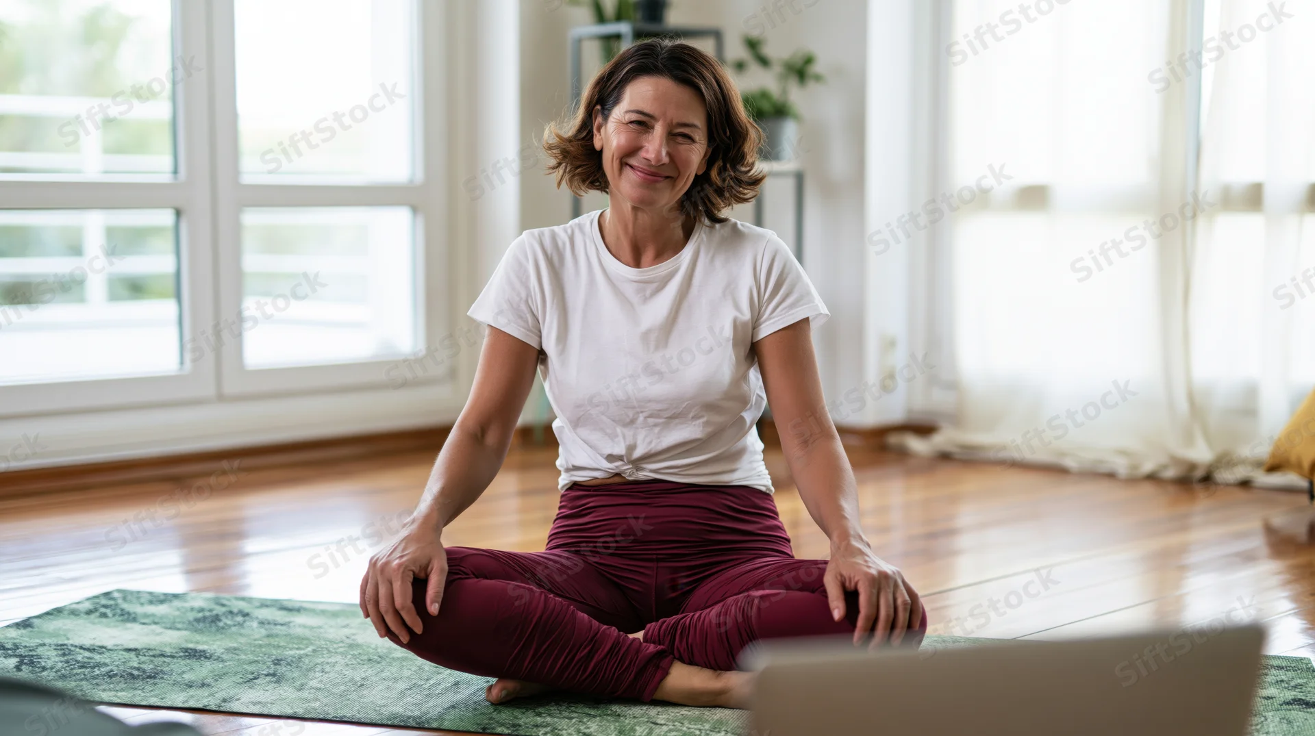 Woman sitting cross-legged on yoga mat smiling in bright living room with laptop and large windows