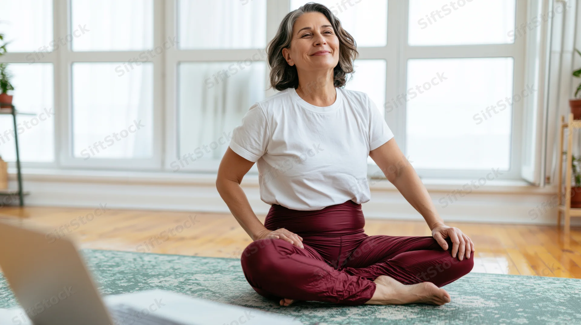 Senior woman sitting cross-legged on a mat in a bright living room with a laptop and books nearby