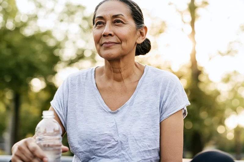 Senior woman holding water bottle outdoors in soft natural light, smiling and relaxed in a park setting