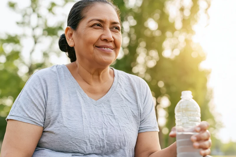 Senior woman holding water bottle outdoors in park during golden hour smiling