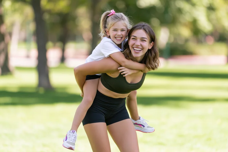 Woman giving child a piggyback ride in a sunlit park
