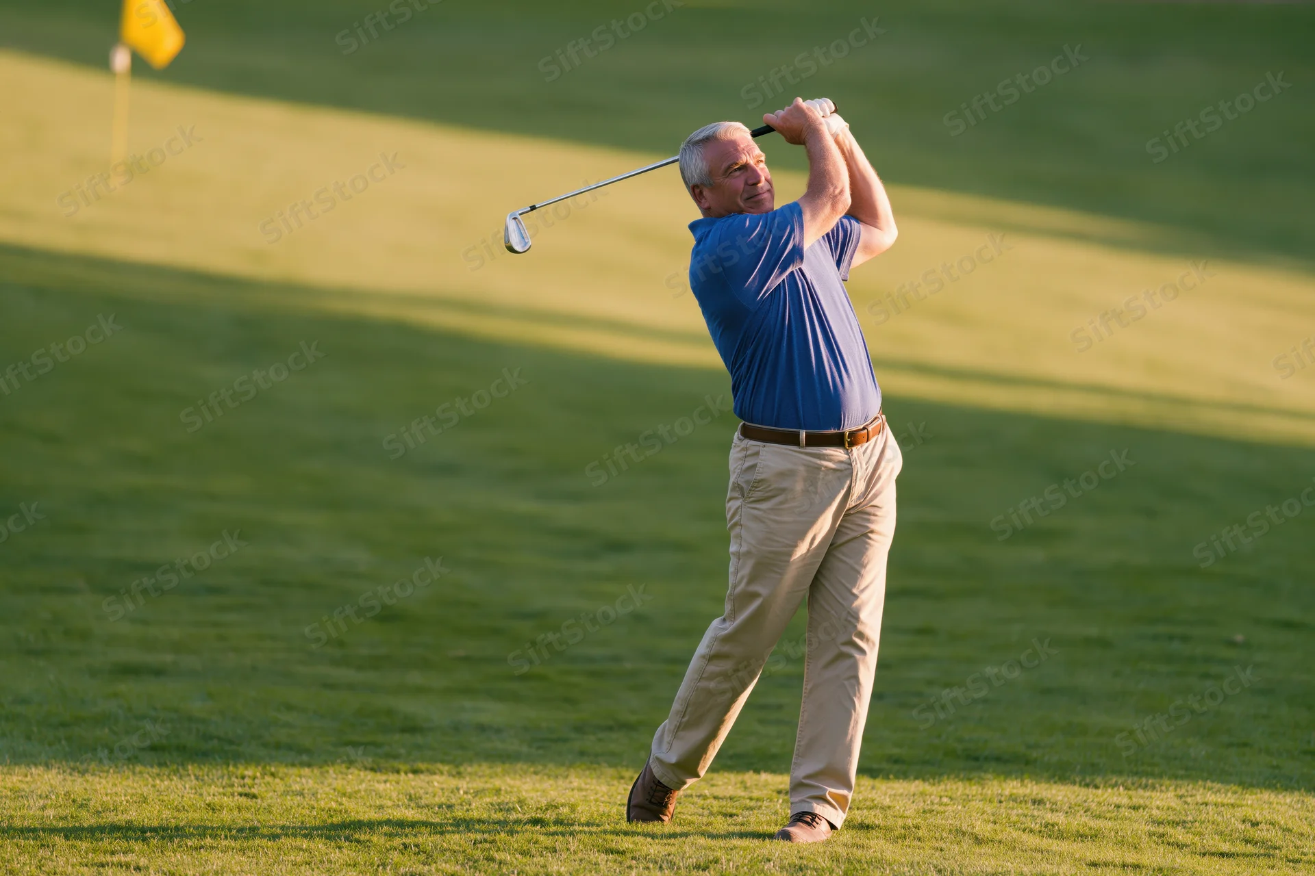 Middle-aged man swinging golf club on green golf course during golden hour