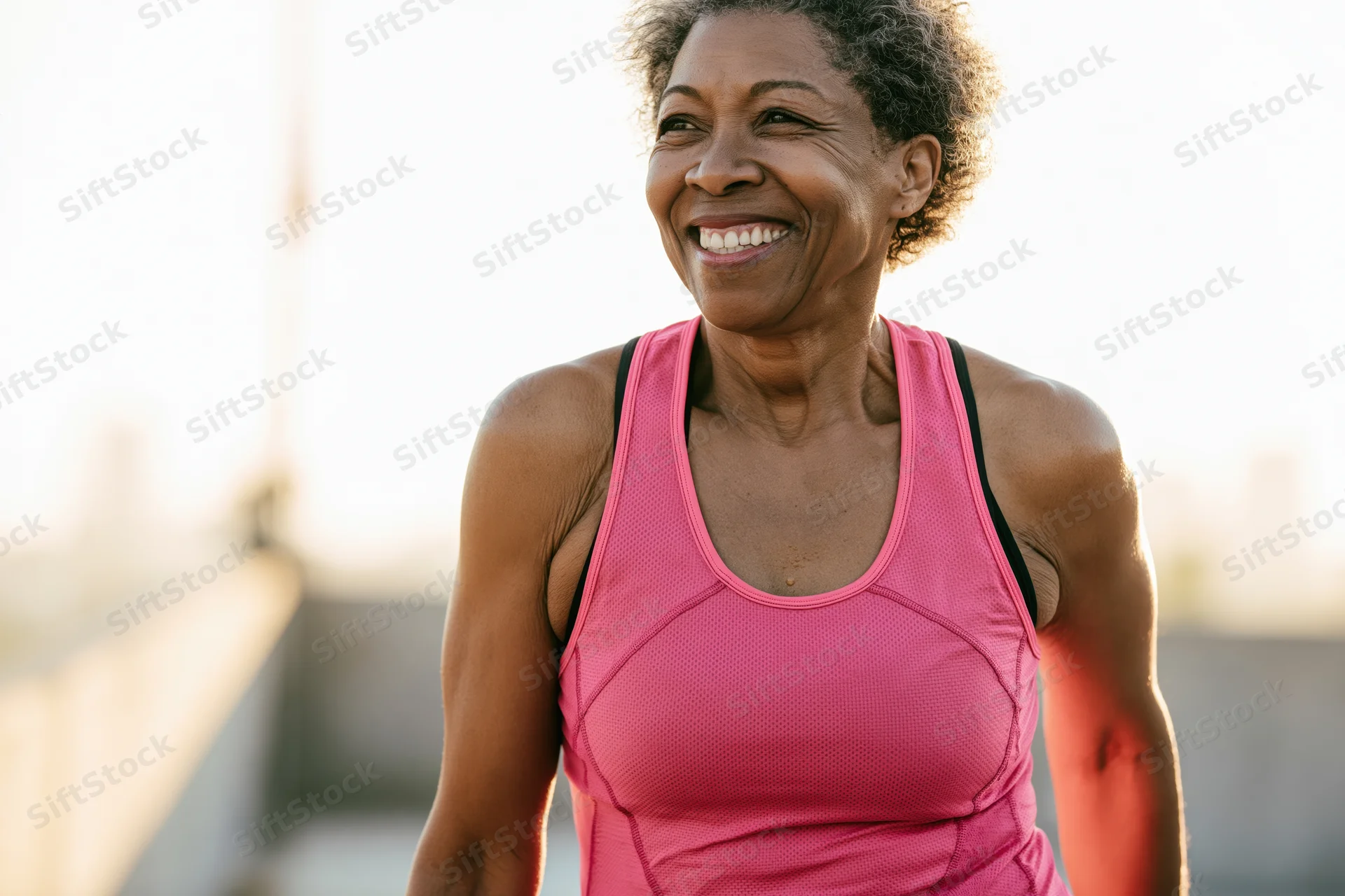 Smiling senior black woman in pink tank top exercising outdoors in city light