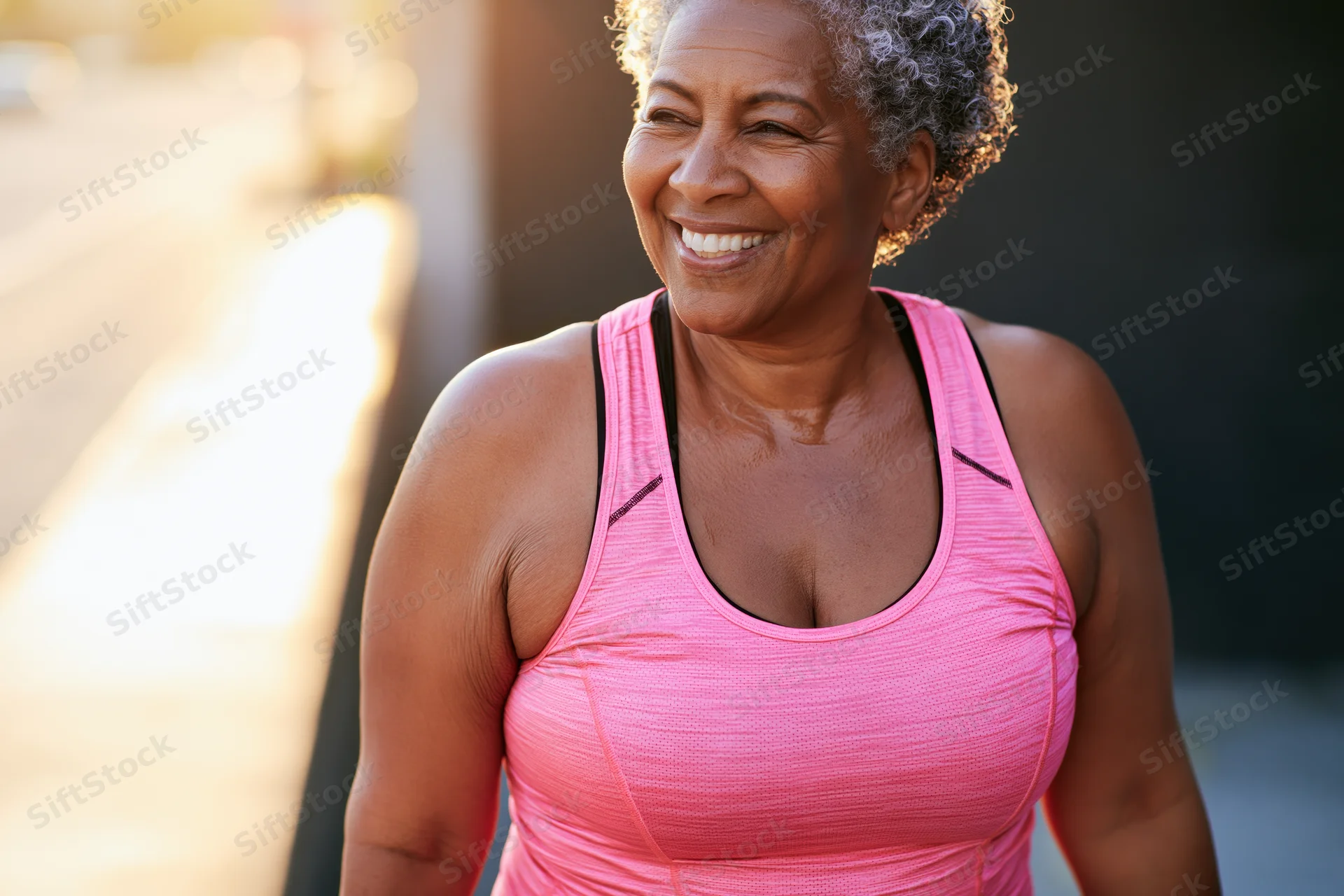 Smiling senior black woman in pink athletic tank top outdoors during golden hour