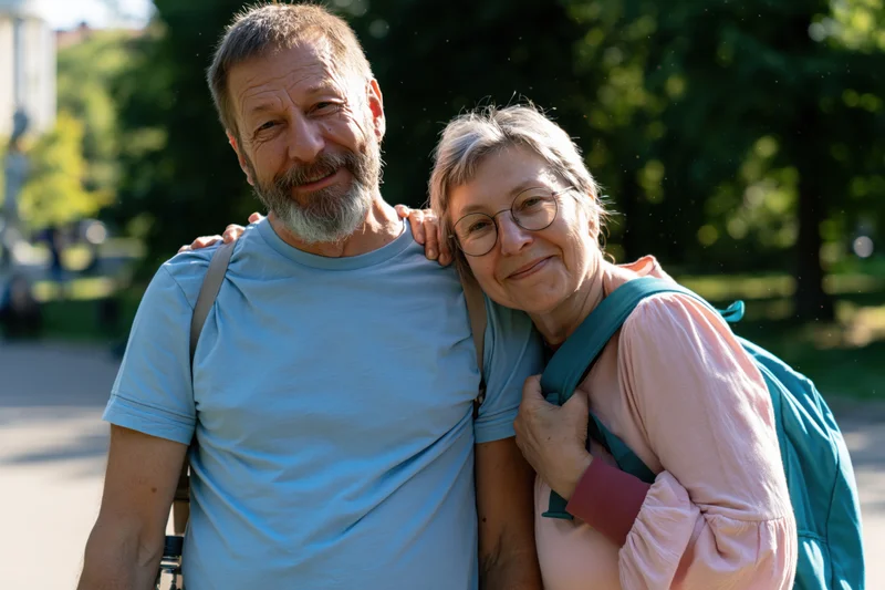 Older couple smiling and embracing outdoors in a park with backpacks and casual clothing