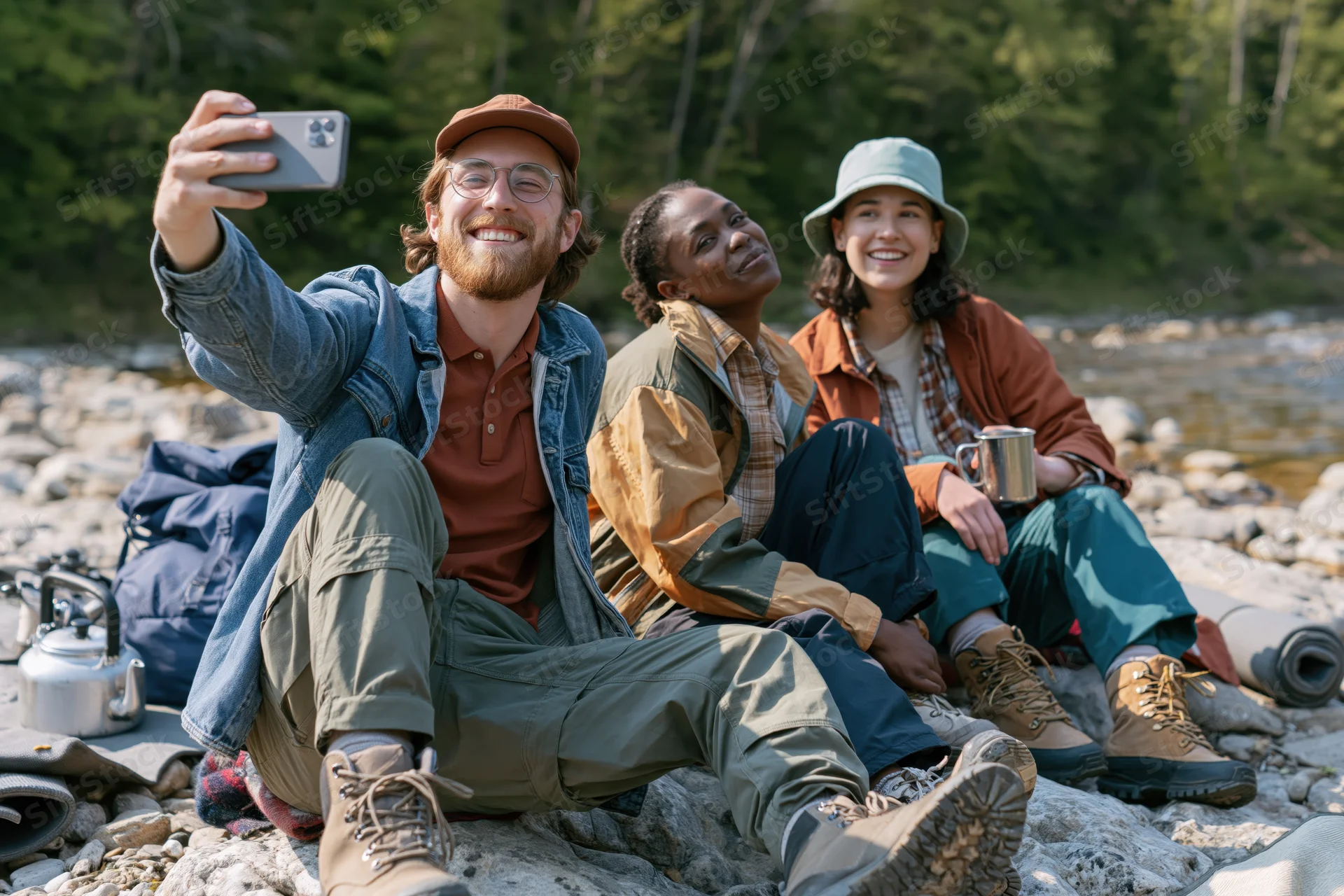 Three friends taking a selfie while sitting on rocks by a river during a camping trip