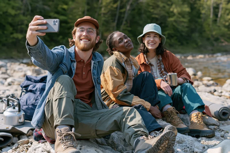 Three friends taking a selfie while sitting on rocks by a river during a camping trip