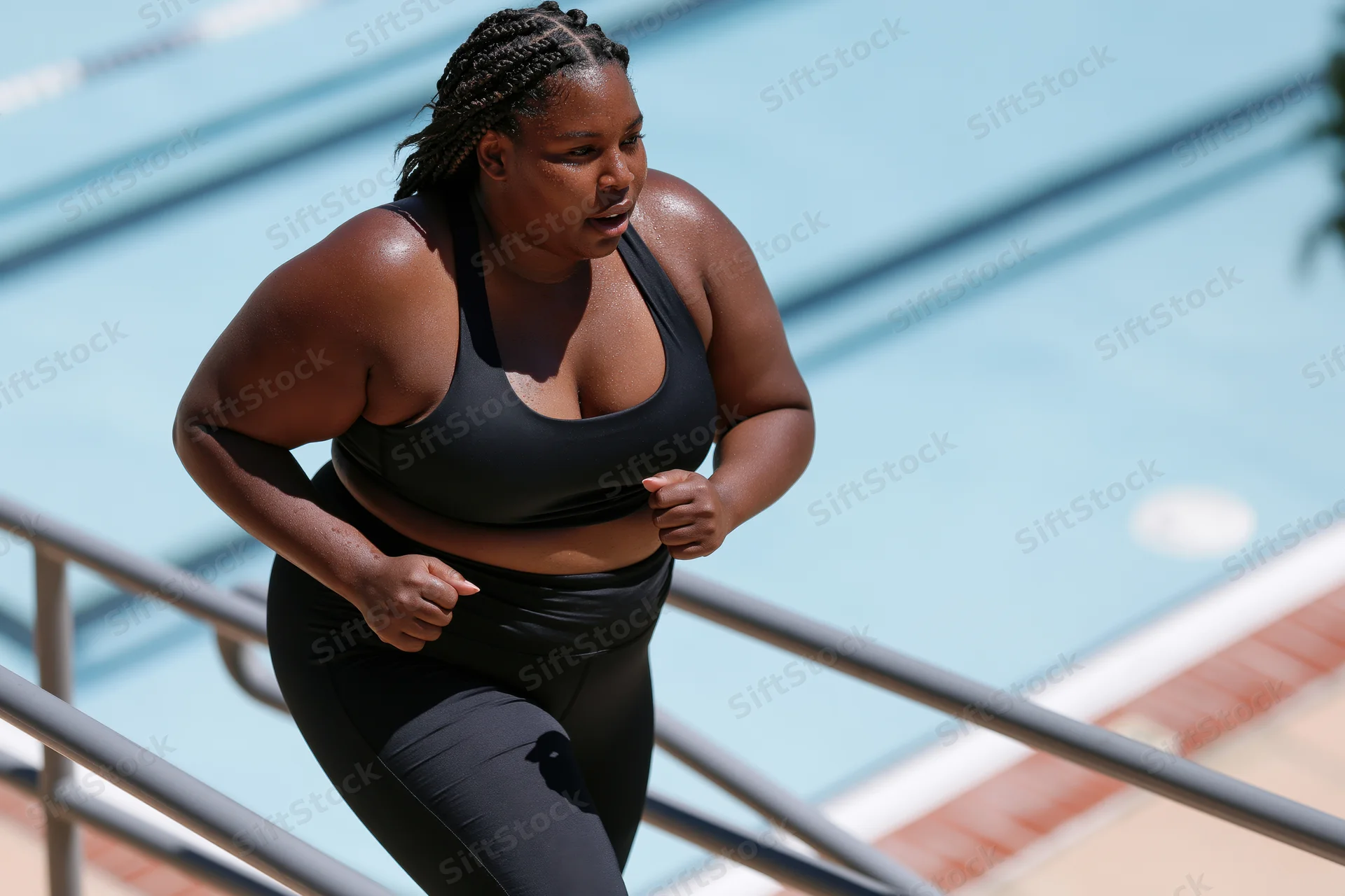 Plus-size black woman running outdoors near a pool wearing black sportswear