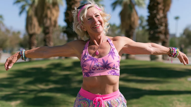 Senior woman smiling with arms spread during outdoor workout in park with palm trees