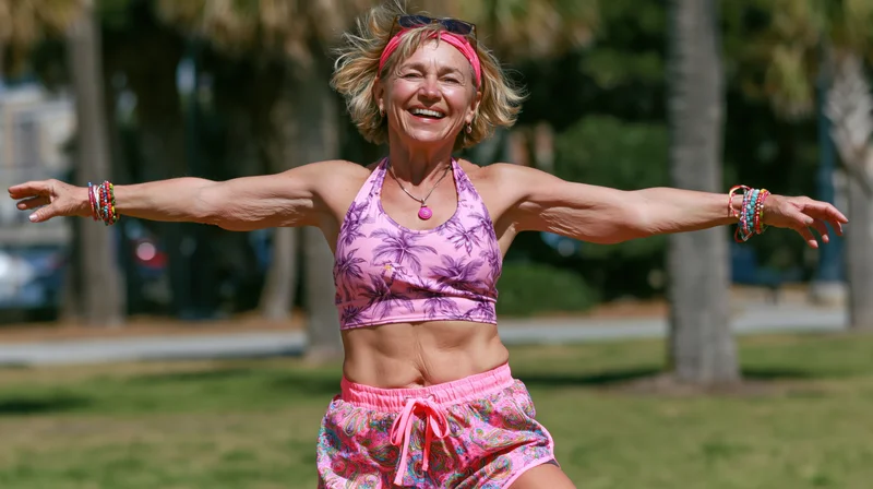 Senior woman smiling with arms spread in a sunny park wearing pink floral workout clothes
