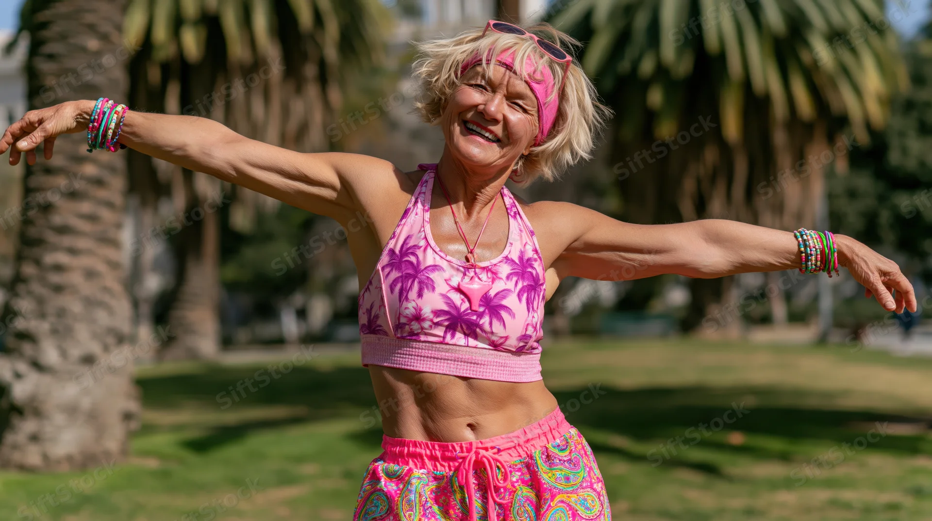 Senior woman smiling with arms outstretched in a sunny park wearing pink tropical sportswear