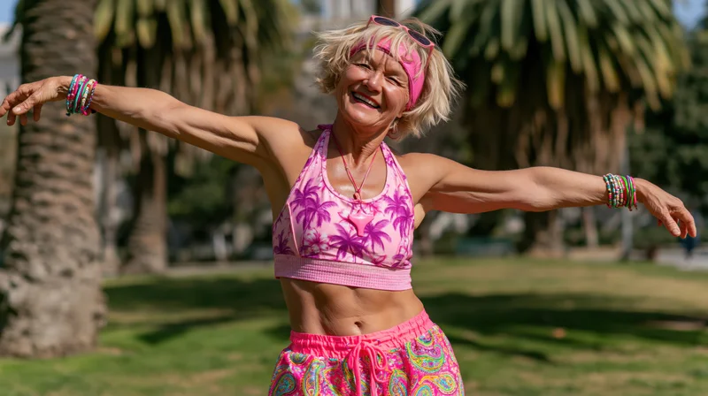 Senior woman smiling with arms outstretched in a sunny park wearing pink tropical sportswear
