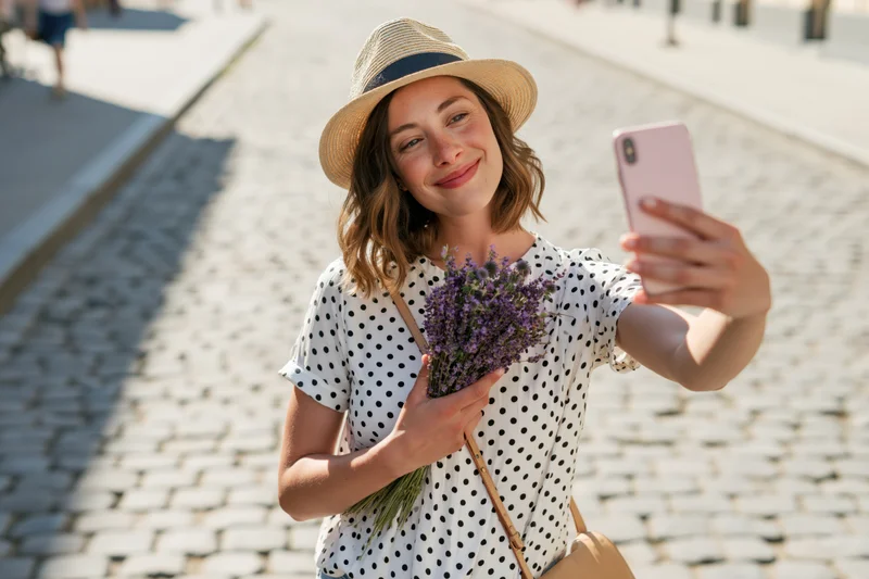 Young woman taking selfie with lavender bouquet on cobblestone street
