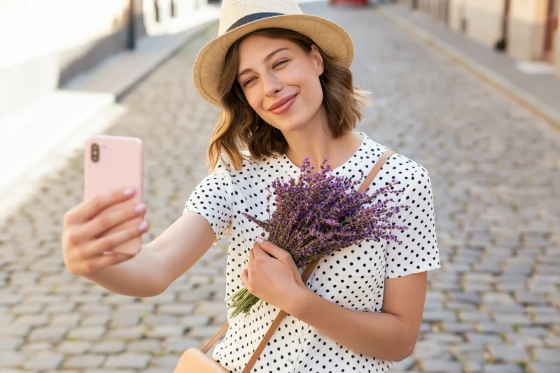 Young woman taking selfie with smartphone while holding lavender bouquet on cobblestone street