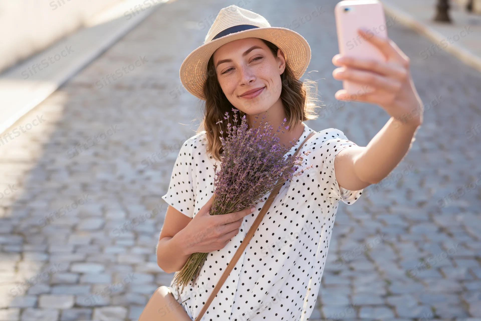 Young woman taking selfie with lavender bouquet on cobblestone street