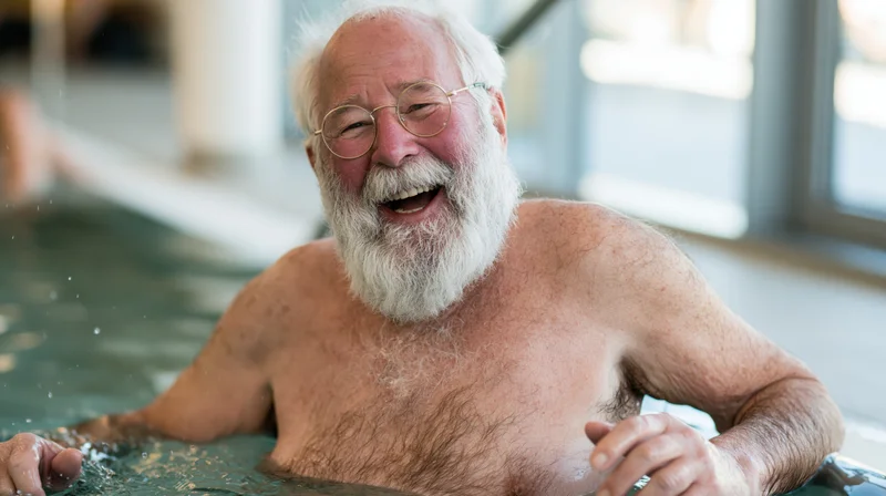 Senior man laughing while swimming in an indoor pool
