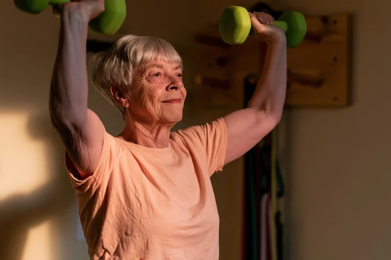 Senior woman lifting green dumbbells overhead in a home gym setting