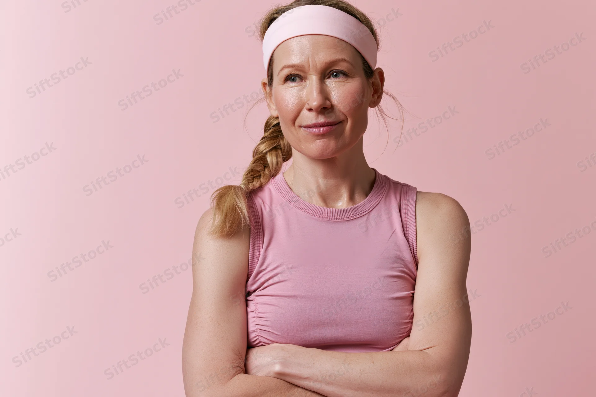 Middle-aged woman in pink sportswear with arms crossed smiling at camera against pink background