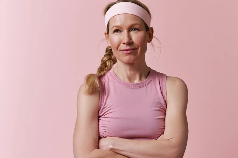 Middle-aged woman in pink sportswear with arms crossed smiling at camera against pink background