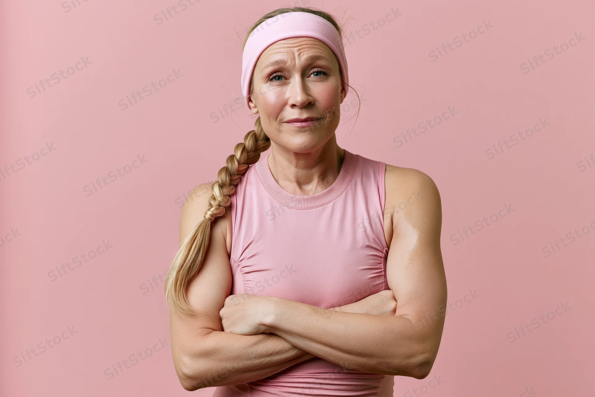 Middle-aged woman with arms crossed wearing pink sportswear and headband against pink background