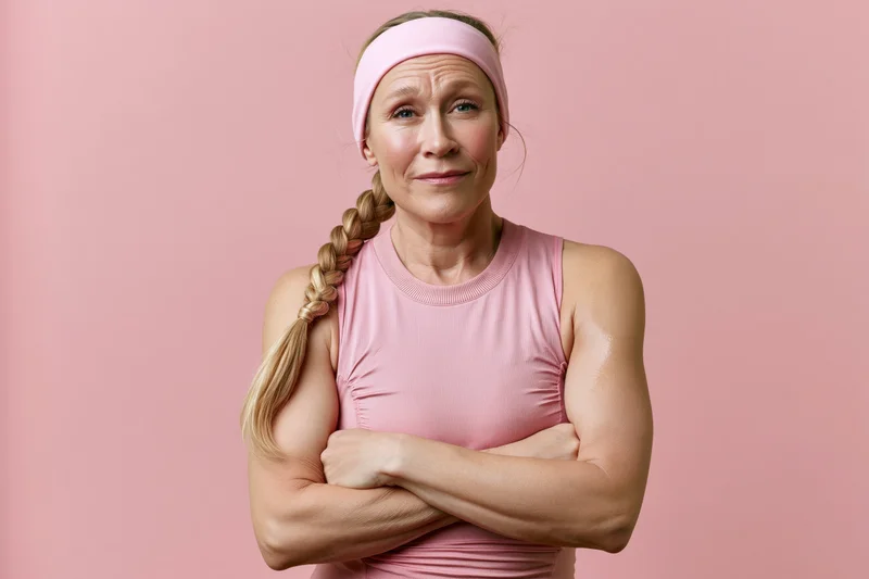 Middle-aged woman with arms crossed wearing pink sportswear and headband against pink background
