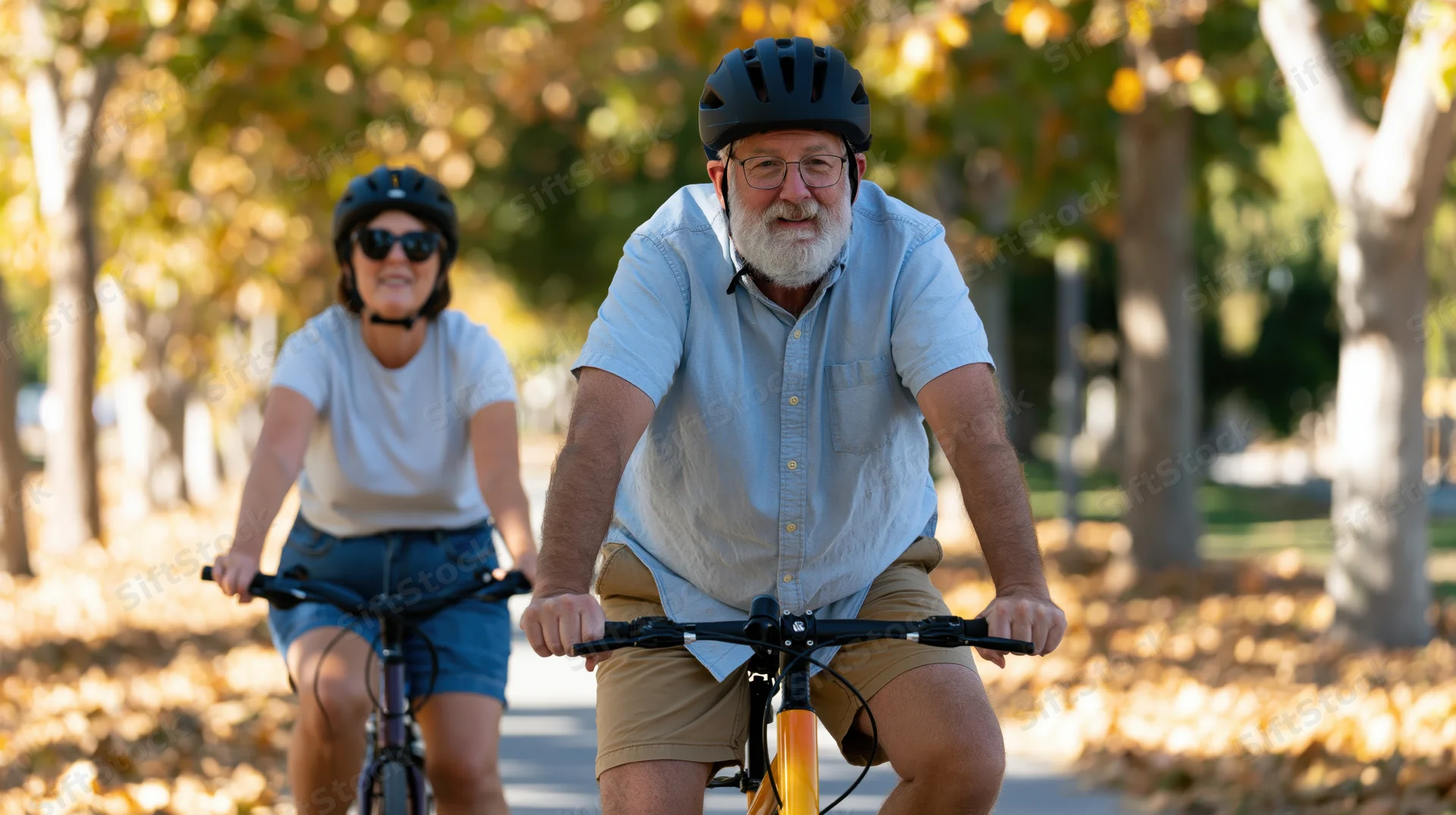 Senior man with gray beard cycling on a park path with a woman behind him in autumn foliage
