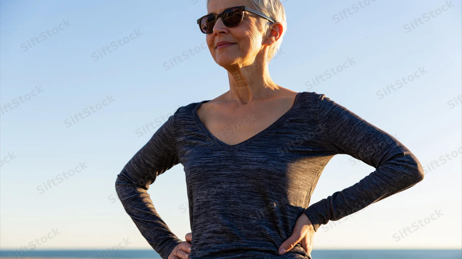 Senior woman standing with hands on hips at beach during golden hour