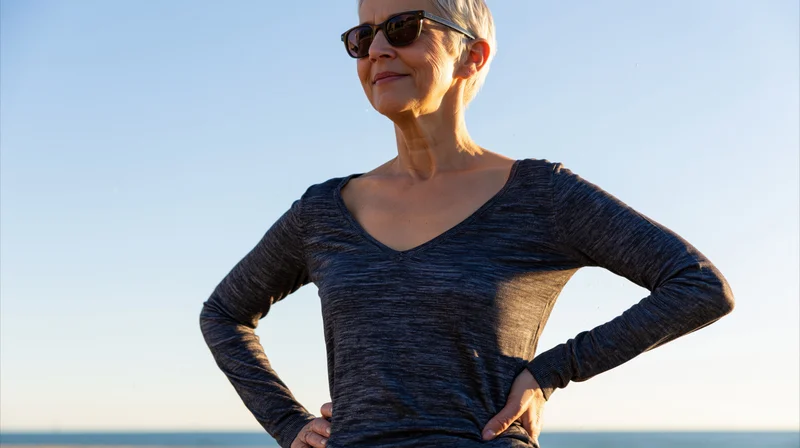 Senior woman standing with hands on hips at beach during golden hour