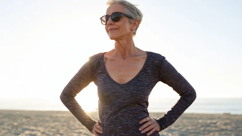 Senior woman standing on beach with hands on hips at sunset smiling