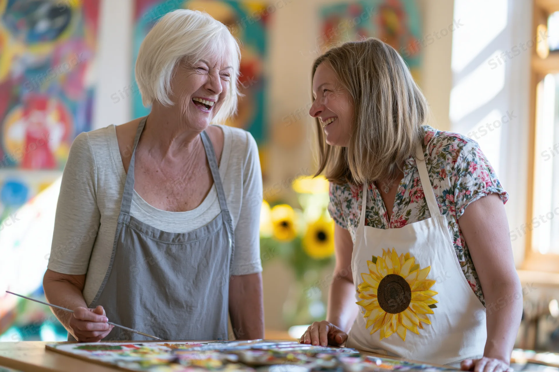 Two women laughing while painting together in an art studio