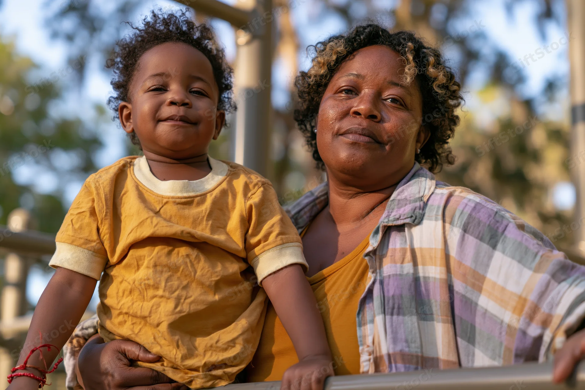 Black woman holding young child on playground railing, both smiling at camera