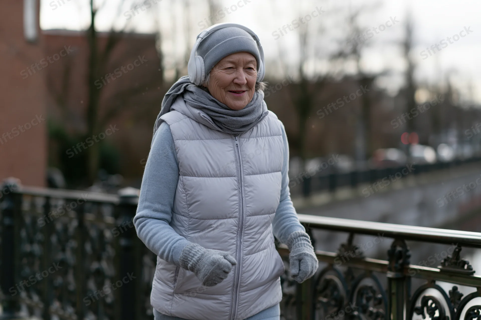 Elderly woman walking outdoors on a bridge wearing headphones and winter clothing
