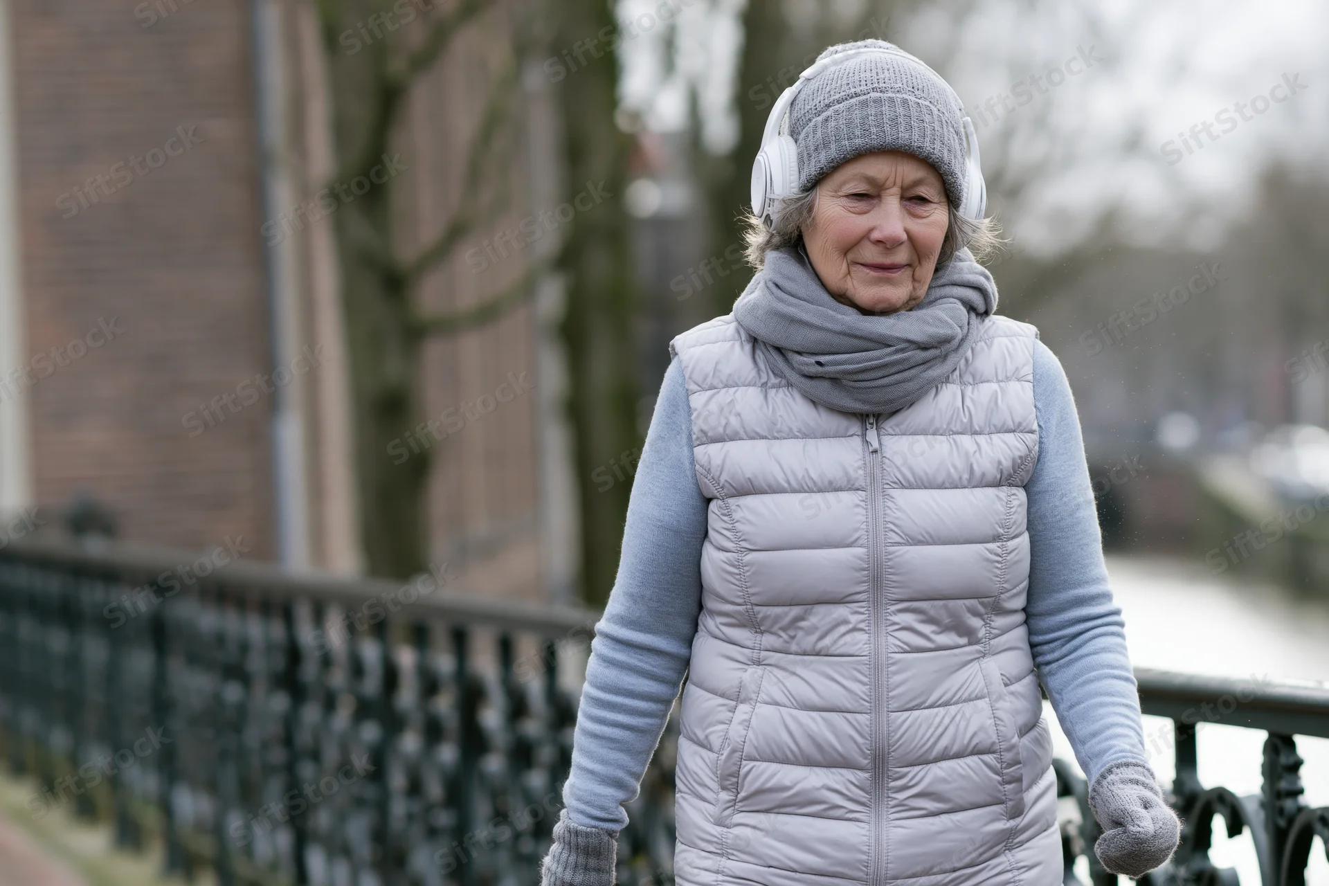 Elderly woman walking outdoors on a bridge wearing winter clothing and headphones