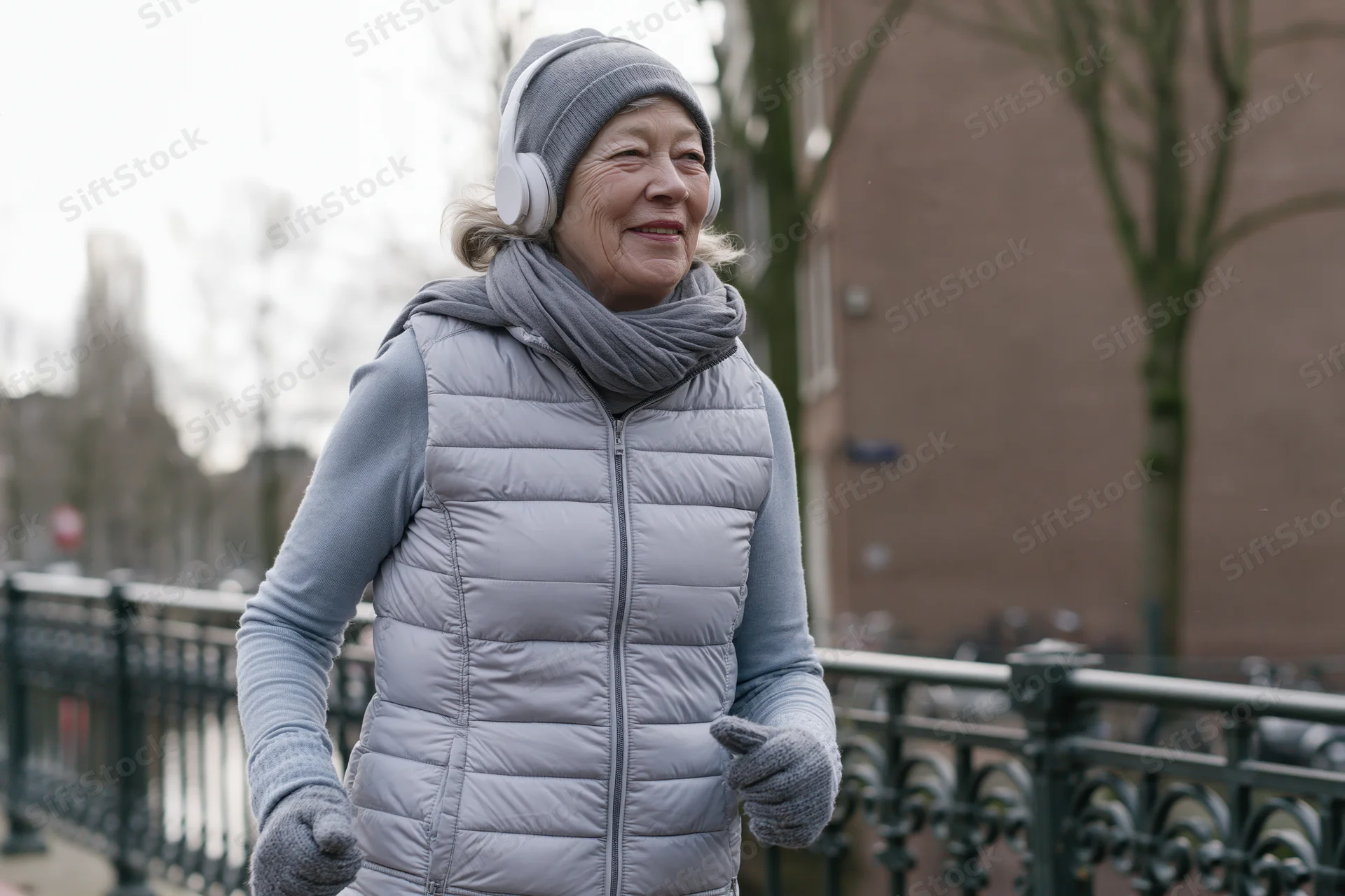 Elderly woman walking outdoors in winter clothing on a city sidewalk
