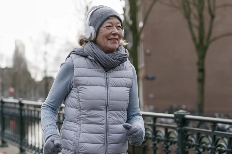 Elderly woman walking outdoors in winter clothing on a city sidewalk