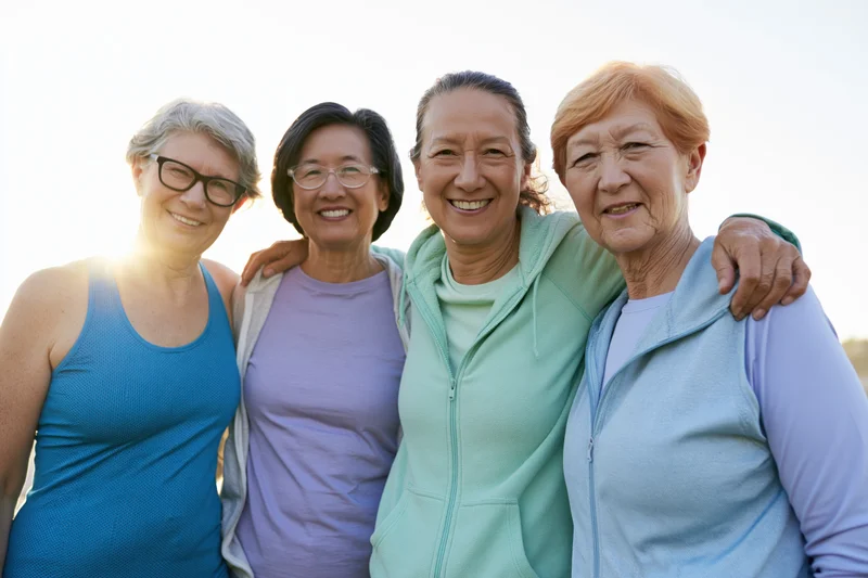 Four senior women smiling together outdoors in sportswear