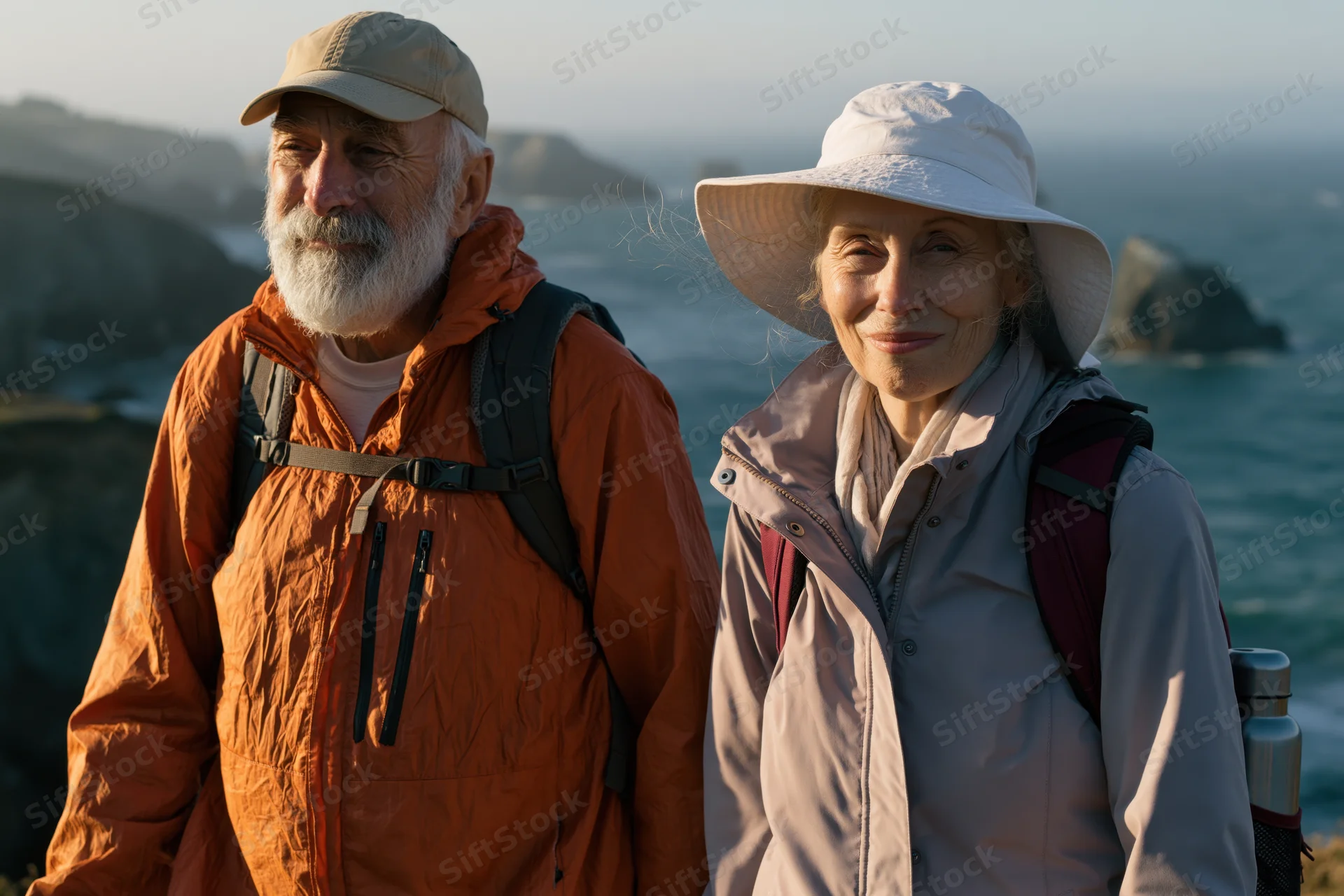Older couple hiking on a cliff overlooking the ocean at sunset