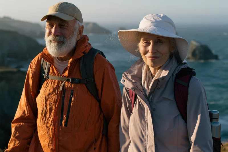 Older couple hiking on a cliff overlooking the ocean at sunset
