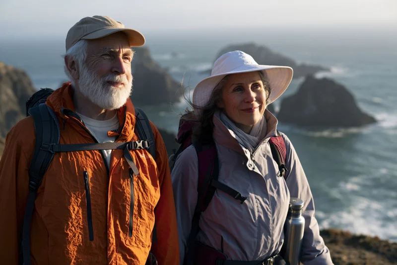 Senior couple hiking on cliff overlooking ocean coast