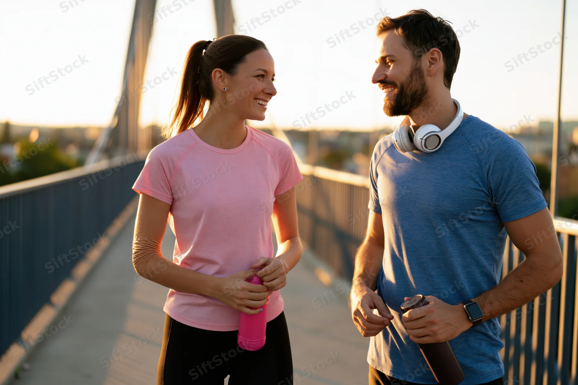 Smiling couple talking while walking on a pedestrian suspension bridge at sunset