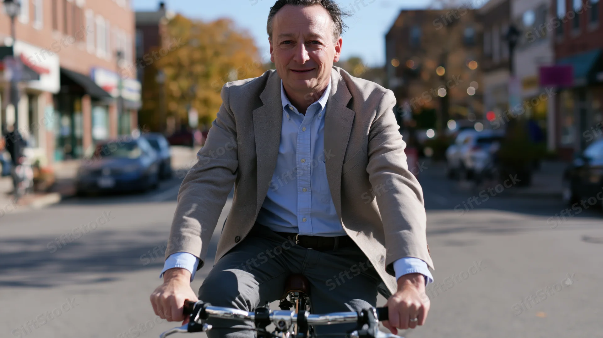 Middle aged man riding a bicycle on a city street during daylight
