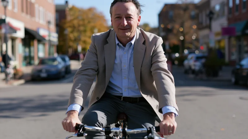 Middle aged man riding a bicycle on a city street during daylight