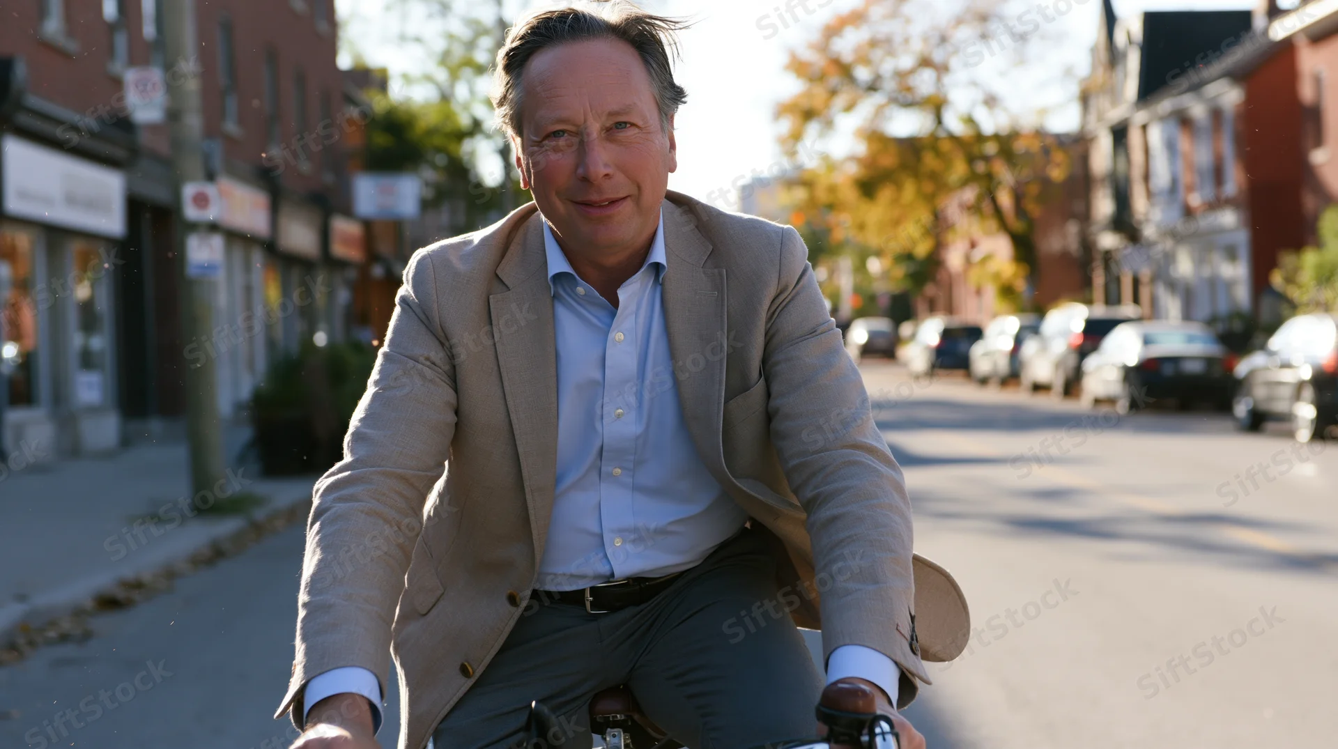 Middle aged man riding bicycle on city street in autumn