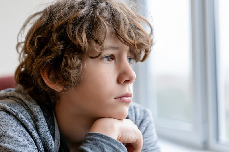 Young boy with curly hair resting his chin on his hand while looking out a window indoors
